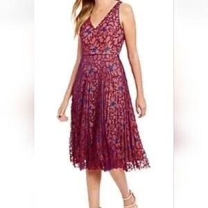 ANTONIO MELANI Floral Lace Midi Dress in Burgundy and Blue, Fit & Flare, Sz: 2